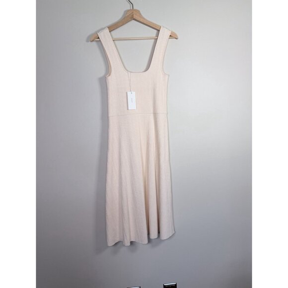 VINCE Tank Dress Rib Sz M Sweetheart Neck A-Line Midi Pink Blush Stretch Preppy - Picture 2 of 15